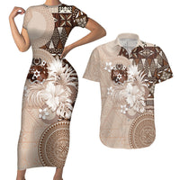 Tonga Ngatu Motifs Couples Matching Short Sleeve Bodycon Dress and Hawaiian Shirt With Coat Of Arms Beige