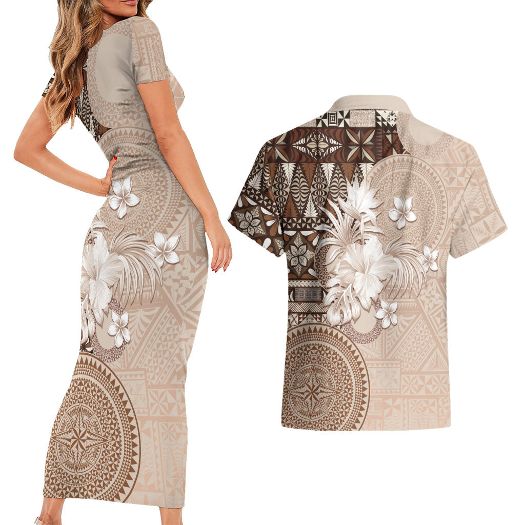Tonga Ngatu Motifs Couples Matching Short Sleeve Bodycon Dress and Hawaiian Shirt With Coat Of Arms Beige