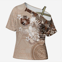 Tonga Ngatu Motifs Cross Shoulder Shirt With Coat Of Arms Beige LT05 Female Beige - Polynesian Pride