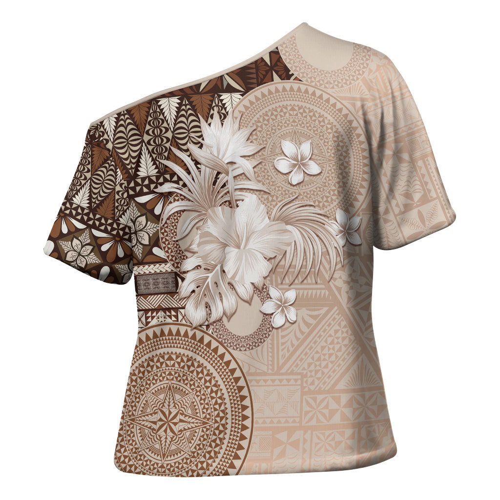 Tonga Ngatu Motifs Cross Shoulder Shirt With Coat Of Arms Beige LT05 - Polynesian Pride