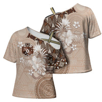 Tonga Ngatu Motifs Cross Shoulder Shirt With Coat Of Arms Beige LT05 - Polynesian Pride