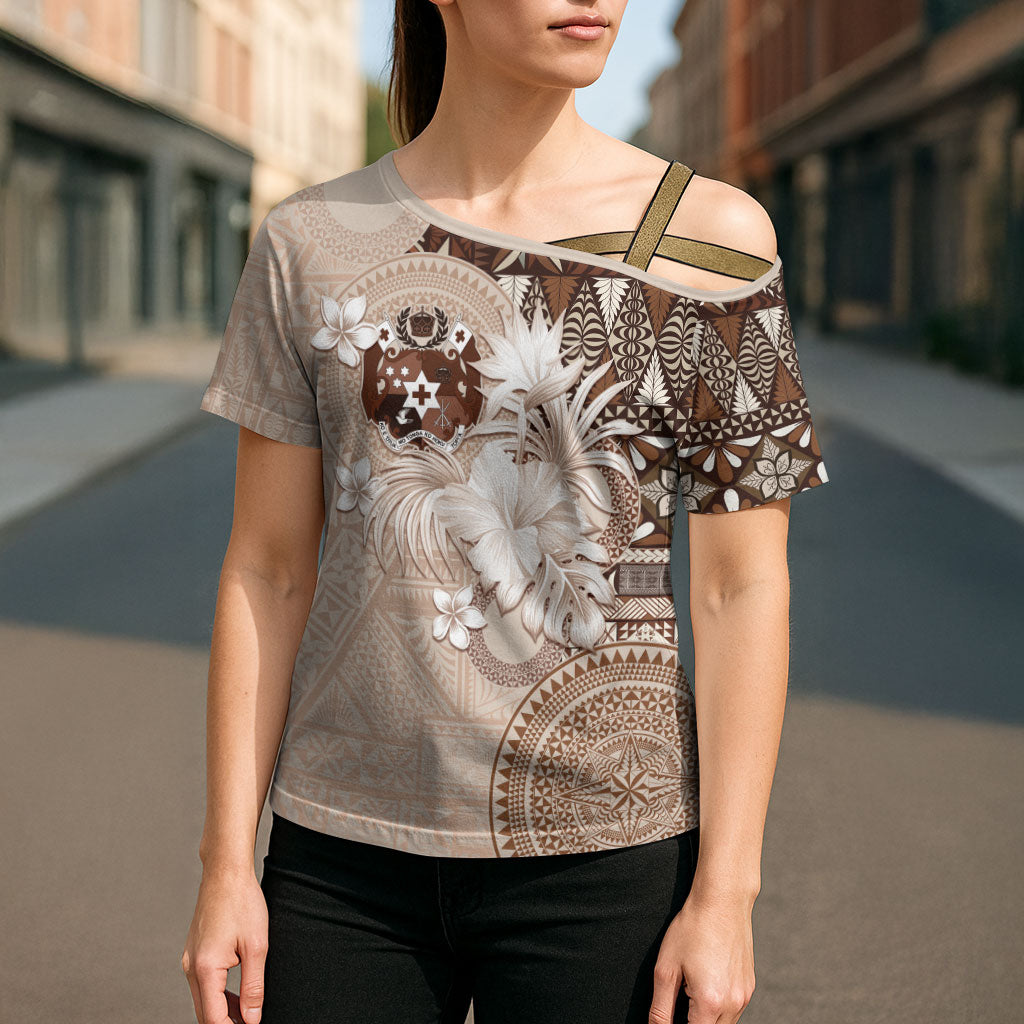 Tonga Ngatu Motifs Cross Shoulder Shirt With Coat Of Arms Beige LT05 - Polynesian Pride