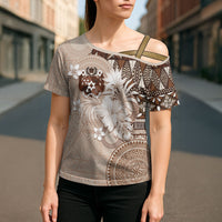 Tonga Ngatu Motifs Cross Shoulder Shirt With Coat Of Arms Beige LT05 - Polynesian Pride