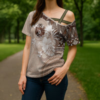 Tonga Ngatu Motifs Cross Shoulder Shirt With Coat Of Arms Beige LT05 - Polynesian Pride