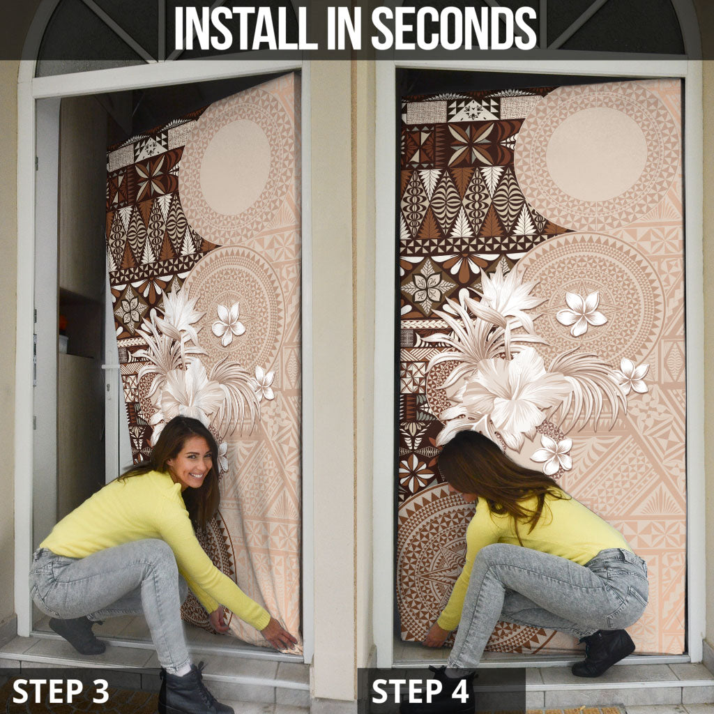 Tonga Ngatu Motifs Door Cover With Coat Of Arms Beige LT05 - Polynesian Pride