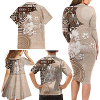 Tonga Ngatu Motifs Family Matching Long Sleeve Bodycon Dress and Hawaiian Shirt With Coat Of Arms Beige