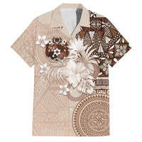 Tonga Ngatu Motifs Family Matching Long Sleeve Bodycon Dress and Hawaiian Shirt With Coat Of Arms Beige