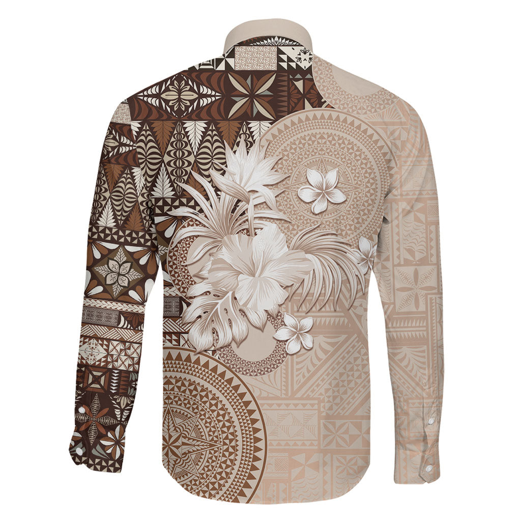 Tonga Ngatu Motifs Family Matching Long Sleeve Bodycon Dress and Hawaiian Shirt With Coat Of Arms Beige