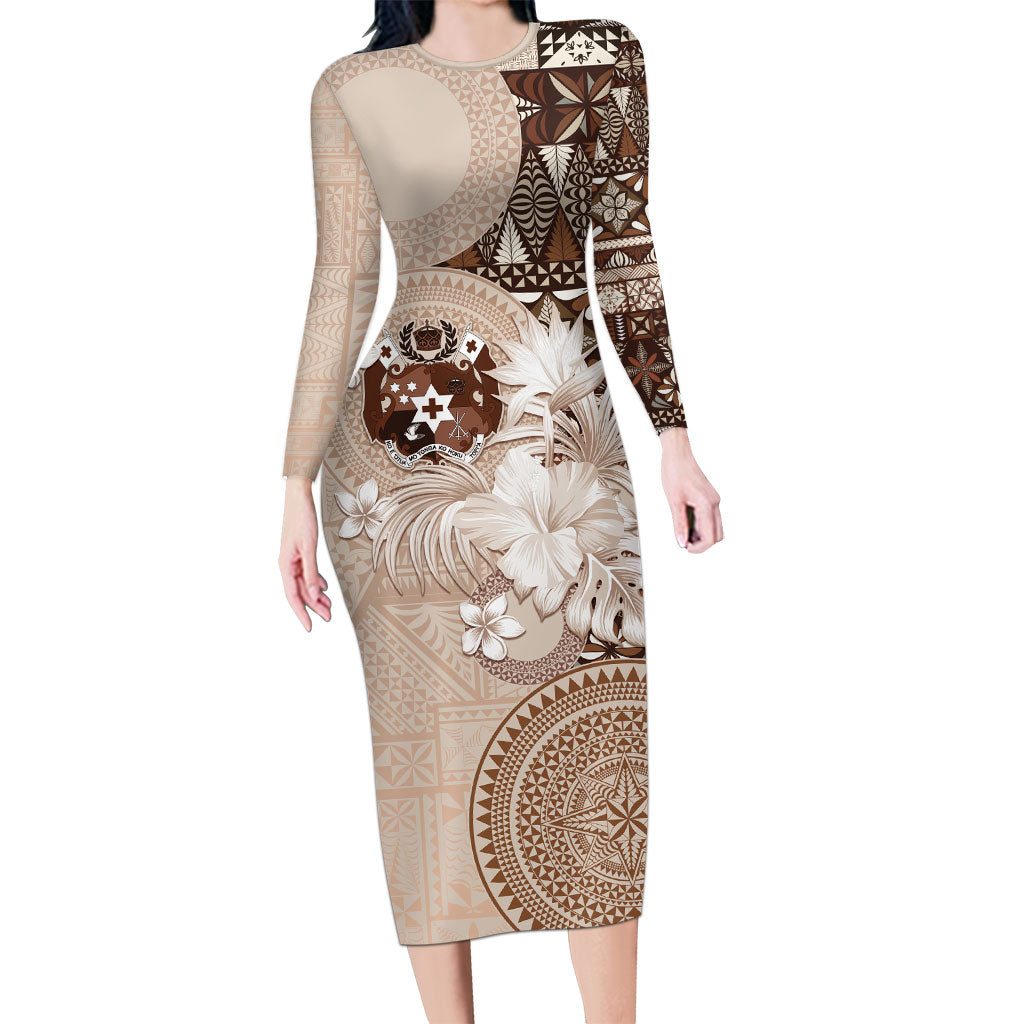 Tonga Ngatu Motifs Family Matching Long Sleeve Bodycon Dress and Hawaiian Shirt With Coat Of Arms Beige
