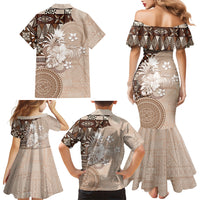 Tonga Ngatu Motifs Family Matching Mermaid Dress and Hawaiian Shirt With Coat Of Arms Beige