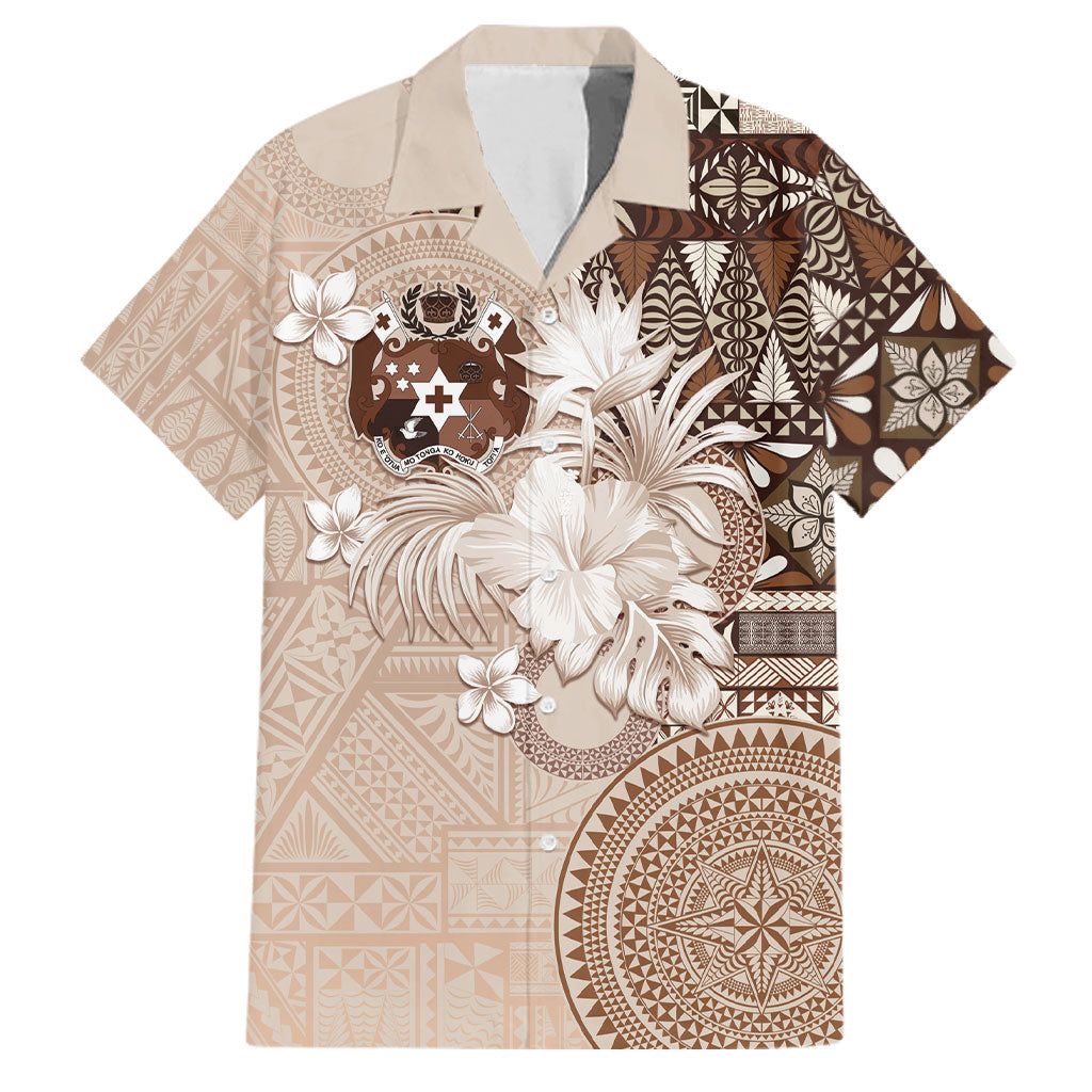 Tonga Ngatu Motifs Family Matching Mermaid Dress and Hawaiian Shirt With Coat Of Arms Beige