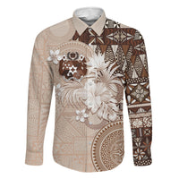 Tonga Ngatu Motifs Family Matching Off The Shoulder Long Sleeve Dress and Hawaiian Shirt With Coat Of Arms Beige