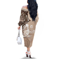 Tonga Ngatu Motifs Family Matching Off The Shoulder Long Sleeve Dress and Hawaiian Shirt With Coat Of Arms Beige
