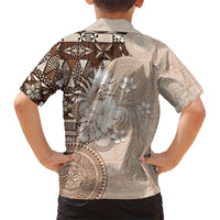 Tonga Ngatu Motifs Family Matching Off Shoulder Maxi Dress and Hawaiian Shirt With Coat Of Arms Beige
