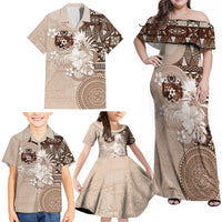 Tonga Ngatu Motifs Family Matching Off Shoulder Maxi Dress and Hawaiian Shirt With Coat Of Arms Beige