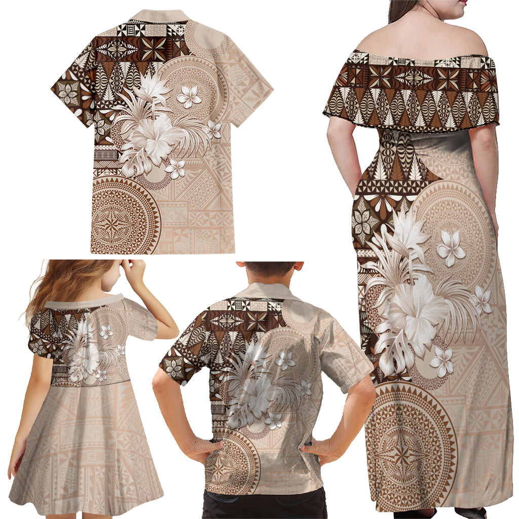 Tonga Ngatu Motifs Family Matching Off Shoulder Maxi Dress and Hawaiian Shirt With Coat Of Arms Beige