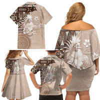 Tonga Ngatu Motifs Family Matching Off Shoulder Short Dress and Hawaiian Shirt With Coat Of Arms Beige