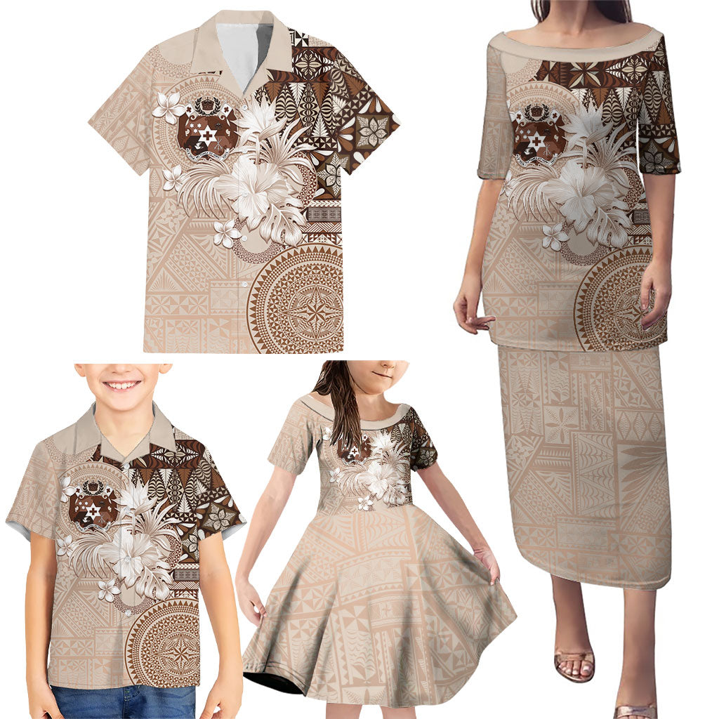 Tonga Ngatu Motifs Family Matching Puletasi and Hawaiian Shirt With Coat Of Arms Beige