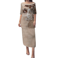 Tonga Ngatu Motifs Family Matching Puletasi and Hawaiian Shirt With Coat Of Arms Beige