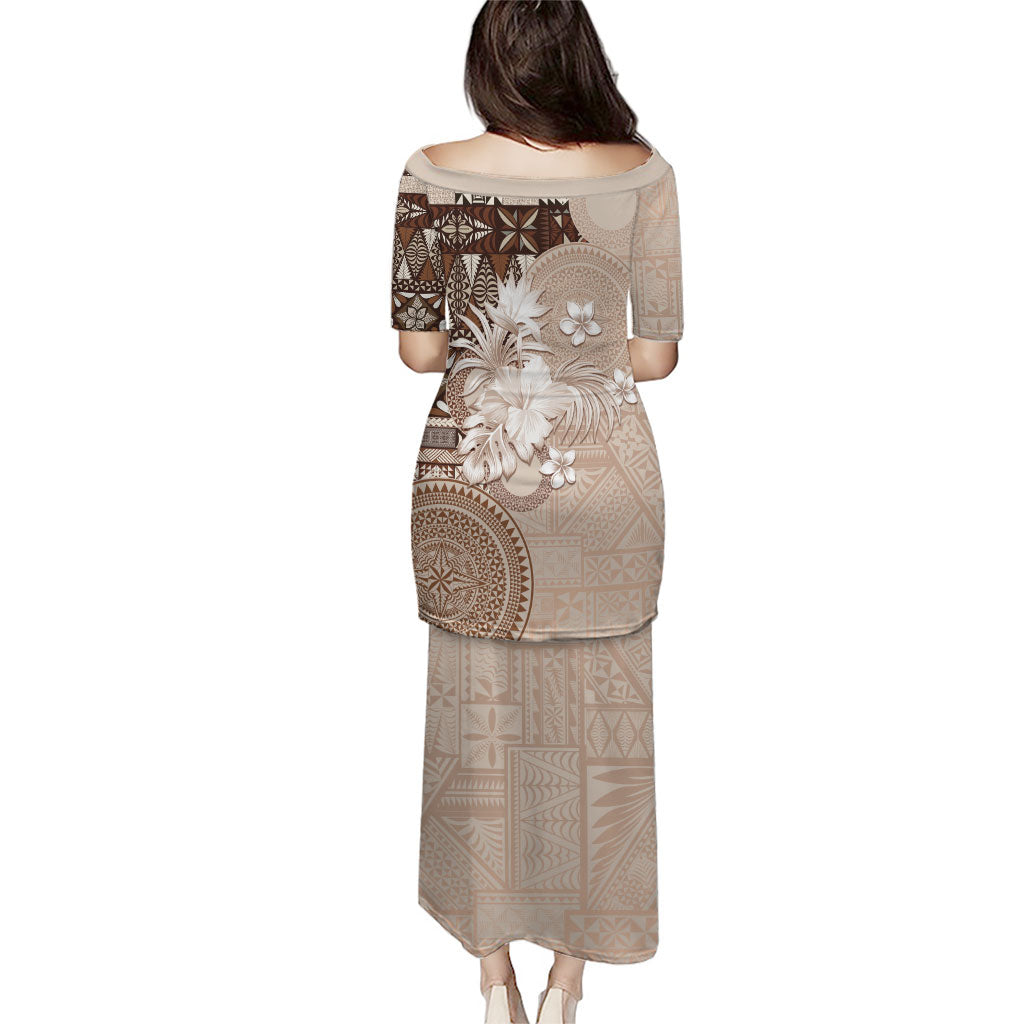 Tonga Ngatu Motifs Family Matching Puletasi and Hawaiian Shirt With Coat Of Arms Beige
