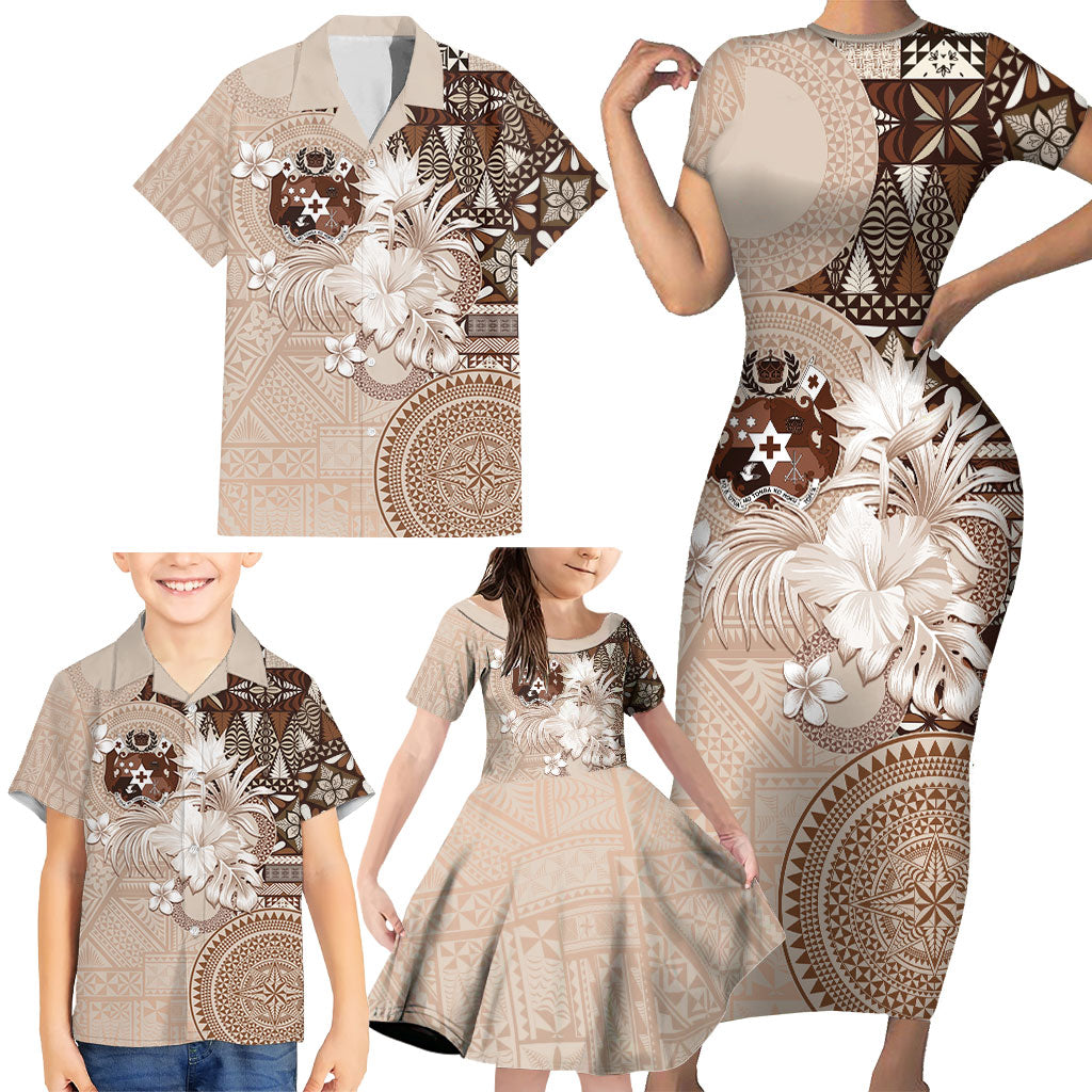 Tonga Ngatu Motifs Family Matching Short Sleeve Bodycon Dress and Hawaiian Shirt With Coat Of Arms Beige