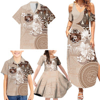 Tonga Ngatu Motifs Family Matching Summer Maxi Dress and Hawaiian Shirt With Coat Of Arms Beige