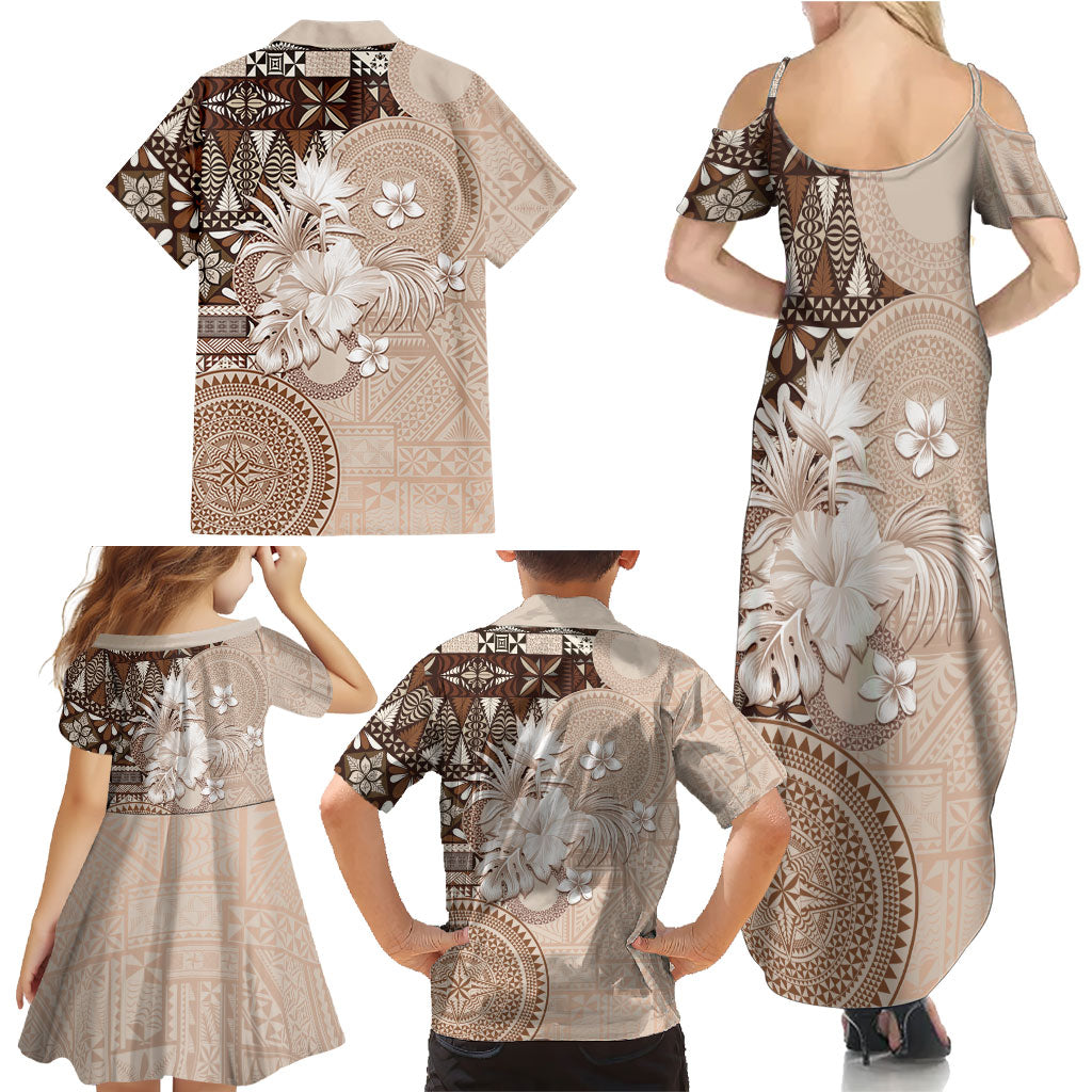 Tonga Ngatu Motifs Family Matching Summer Maxi Dress and Hawaiian Shirt With Coat Of Arms Beige
