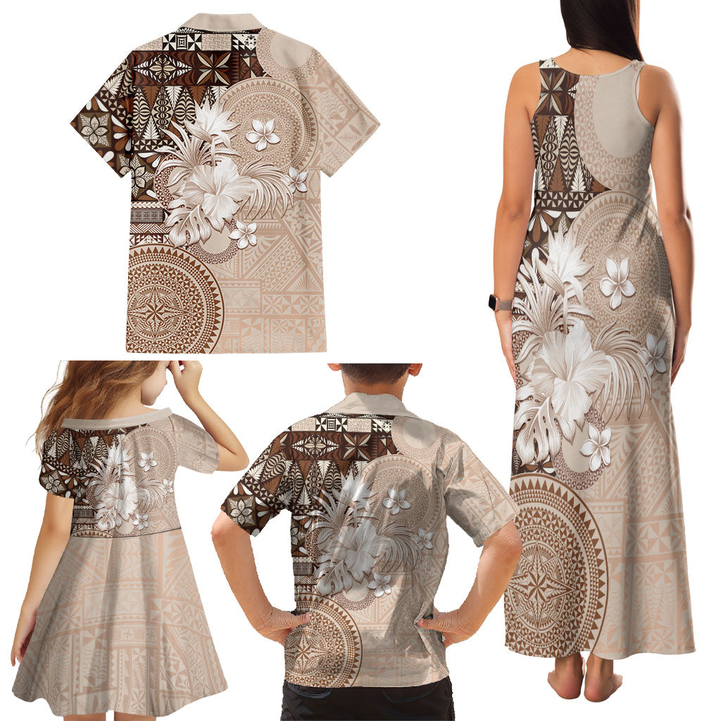 Tonga Ngatu Motifs Family Matching Tank Maxi Dress and Hawaiian Shirt With Coat Of Arms Beige