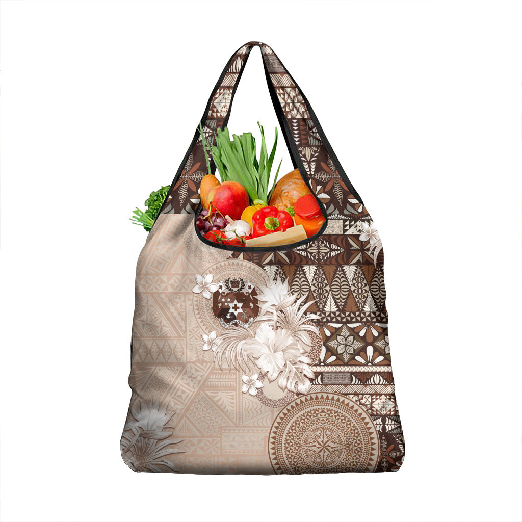 Tonga Ngatu Motifs Grocery Bag With Coat Of Arms Beige