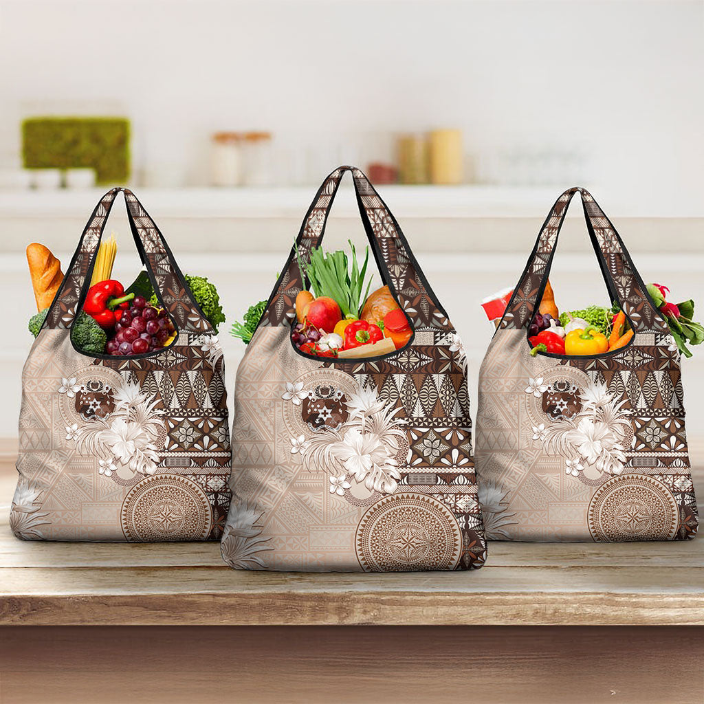 Tonga Ngatu Motifs Grocery Bag With Coat Of Arms Beige LT05 3-pack One Size Beige - Polynesian Pride