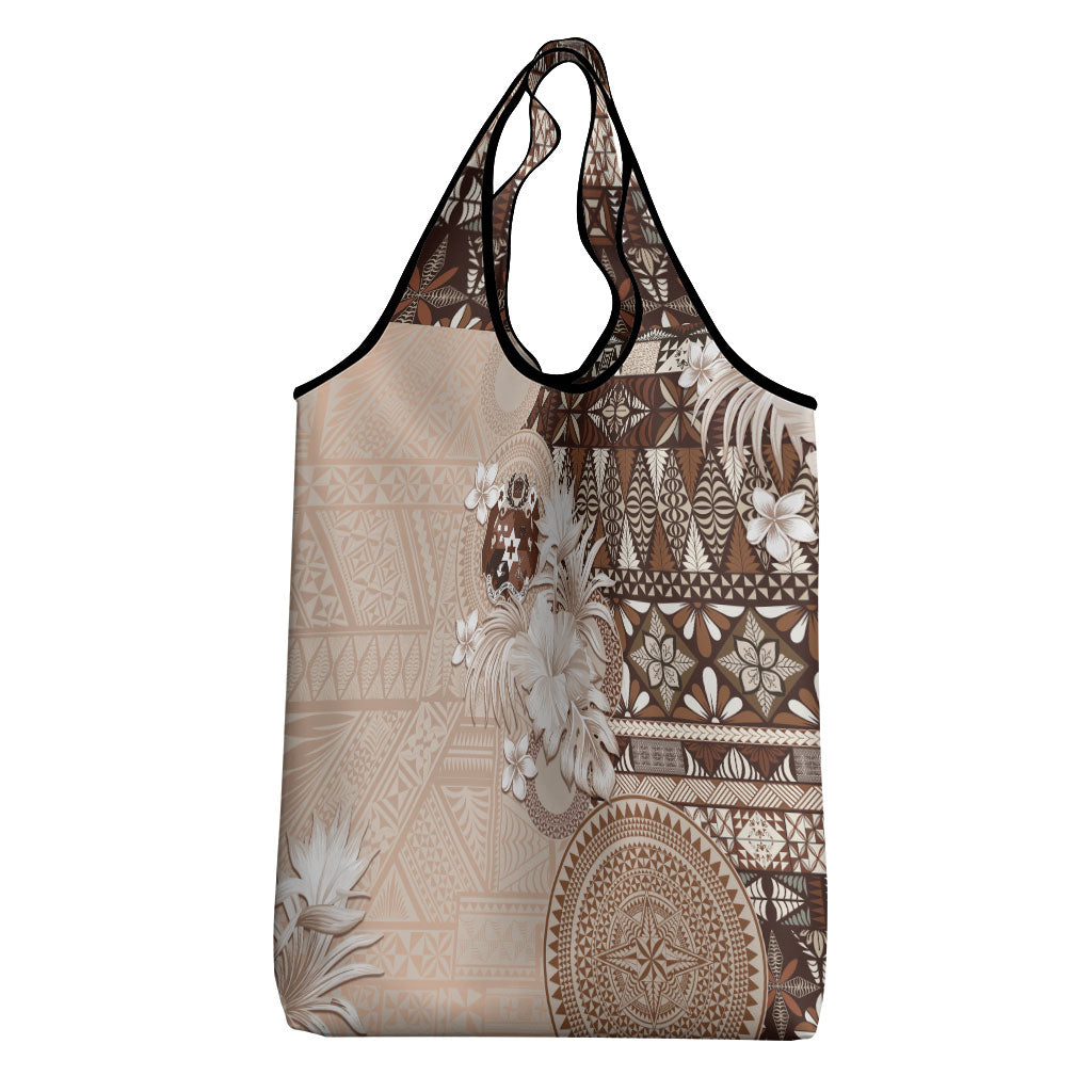 Tonga Ngatu Motifs Grocery Bag With Coat Of Arms Beige LT05 - Polynesian Pride