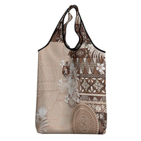 Tonga Ngatu Motifs Grocery Bag With Coat Of Arms Beige LT05 - Polynesian Pride