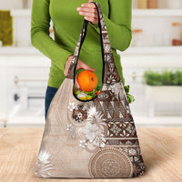Tonga Ngatu Motifs Grocery Bag With Coat Of Arms Beige LT05 - Polynesian Pride