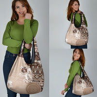 Tonga Ngatu Motifs Grocery Bag With Coat Of Arms Beige LT05 - Polynesian Pride