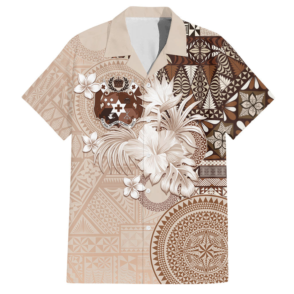 Tonga Ngatu Motifs Hawaiian Shirt With Coat Of Arms Beige