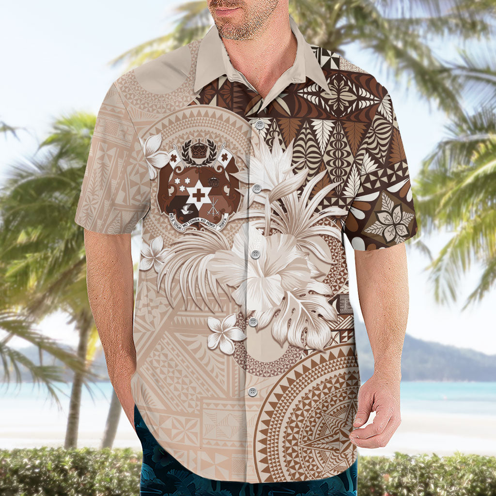 Tonga Ngatu Motifs Hawaiian Shirt With Coat Of Arms Beige