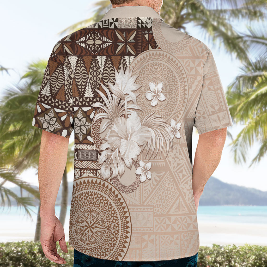 Tonga Ngatu Motifs Hawaiian Shirt With Coat Of Arms Beige