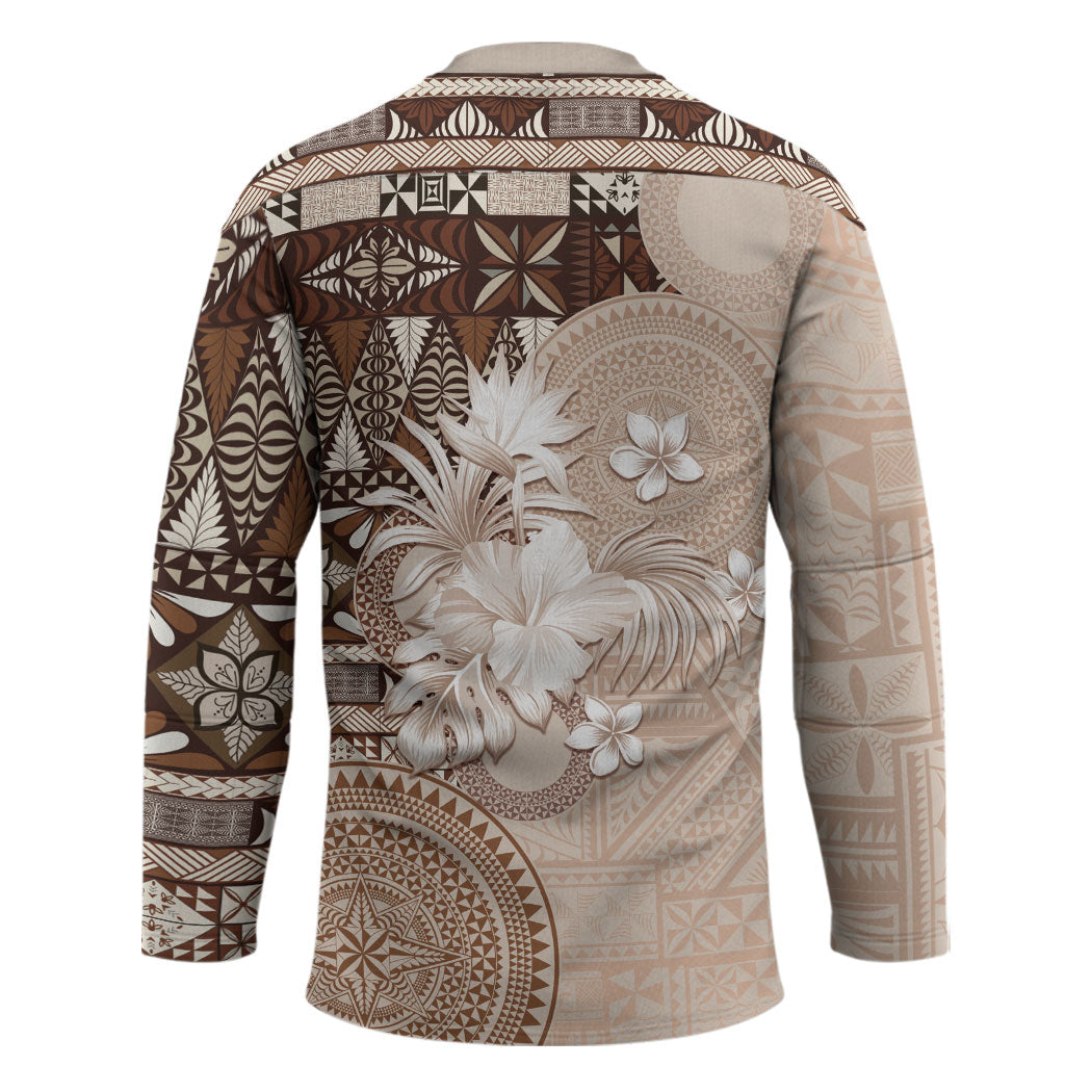 Tonga Ngatu Motifs Hockey Jersey With Coat Of Arms Beige LT05 - Polynesian Pride