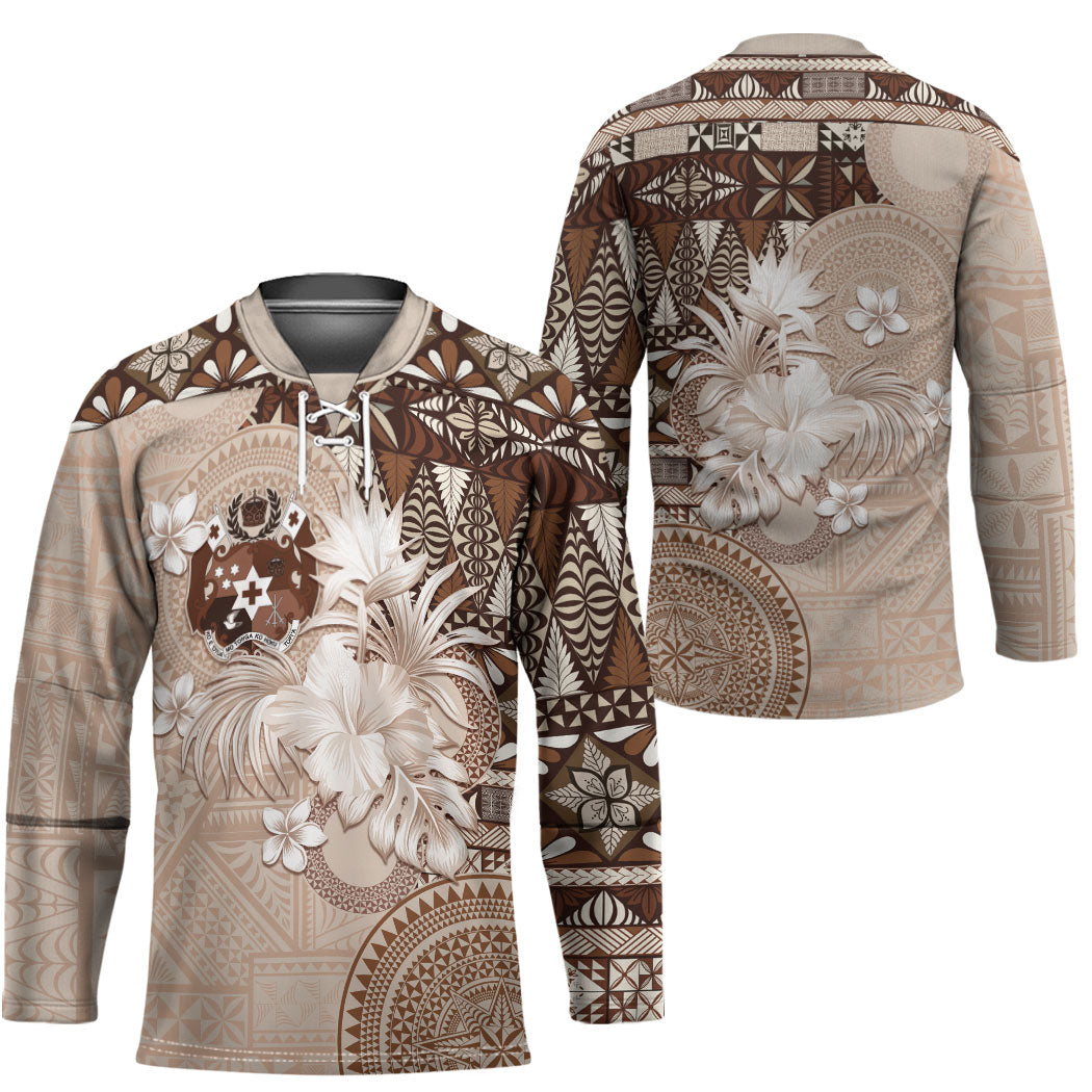 Tonga Ngatu Motifs Hockey Jersey With Coat Of Arms Beige LT05 - Polynesian Pride