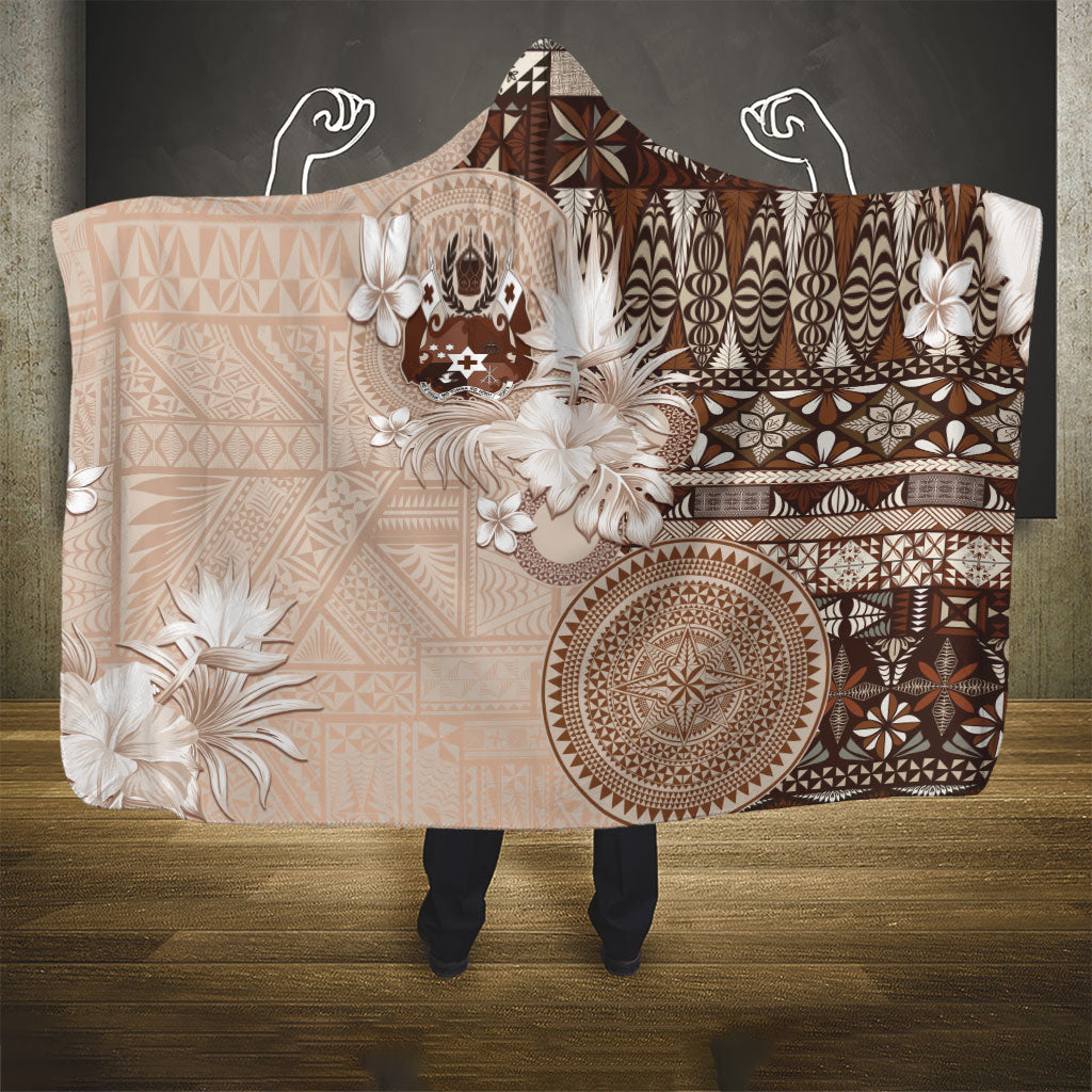 Tonga Ngatu Motifs Hooded Blanket With Coat Of Arms Beige LT05 - Polynesian Pride