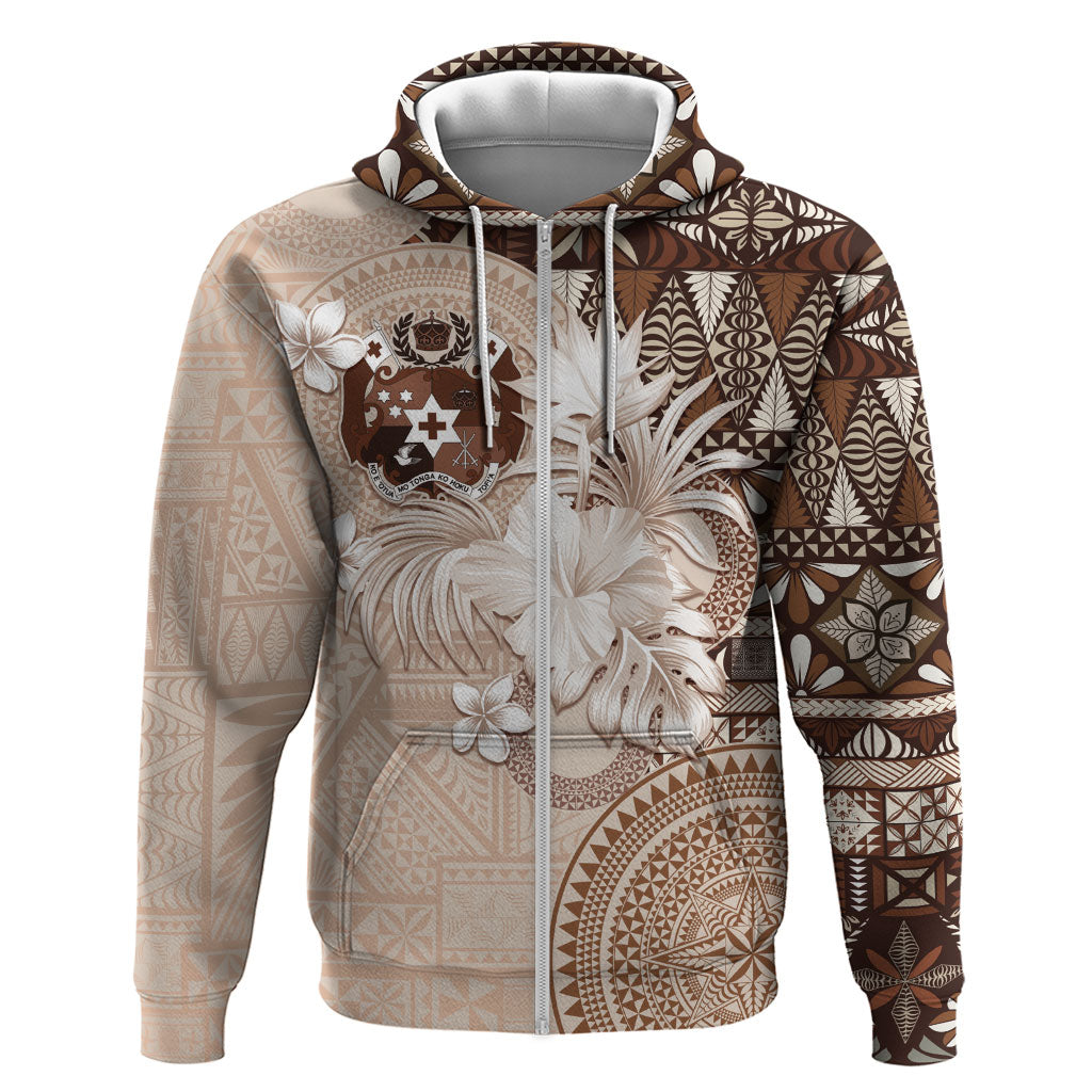 Tonga Ngatu Motifs Hoodie With Coat Of Arms Beige LT05 Zip Hoodie Beige - Polynesian Pride