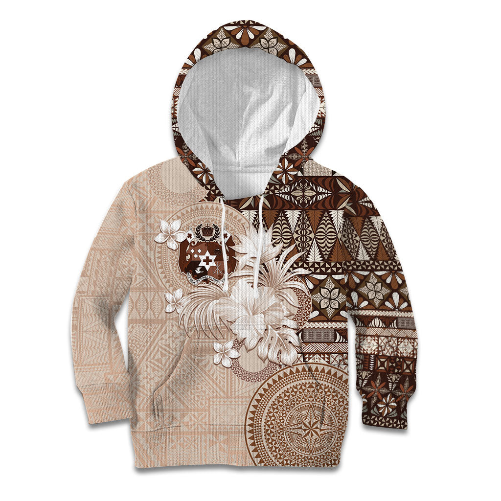 Tonga Ngatu Motifs Kid Hoodie With Coat Of Arms Beige LT05 Hoodie Beige - Polynesian Pride