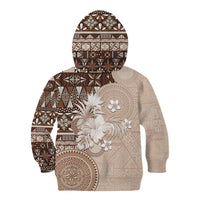 Tonga Ngatu Motifs Kid Hoodie With Coat Of Arms Beige LT05 - Polynesian Pride