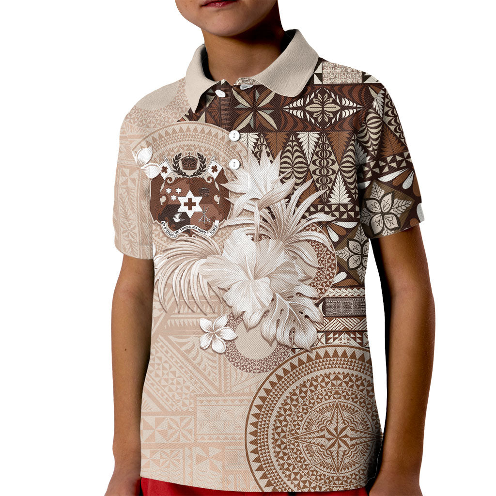 Tonga Ngatu Motifs Kid Polo Shirt With Coat Of Arms Beige LT05 Kid Beige - Polynesian Pride