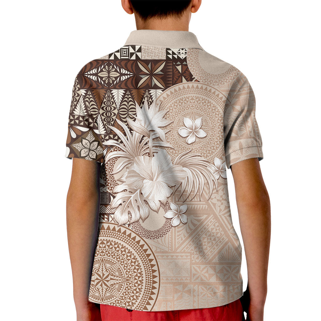 Tonga Ngatu Motifs Kid Polo Shirt With Coat Of Arms Beige LT05 - Polynesian Pride
