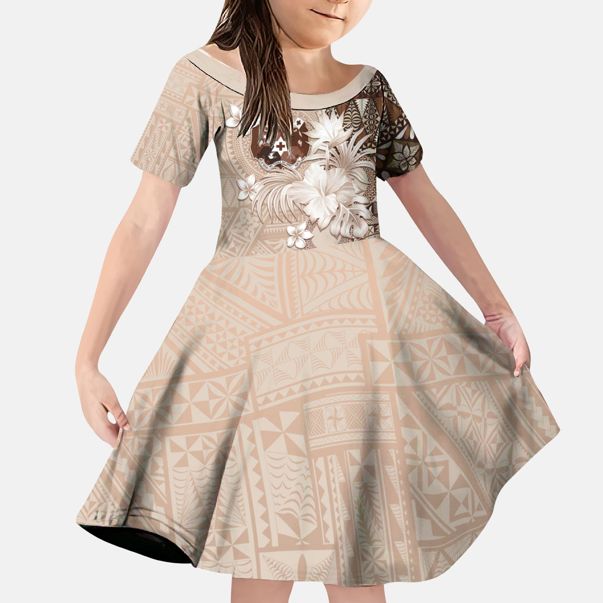 Tonga Ngatu Motifs Kid Short Sleeve Dress With Coat Of Arms Beige