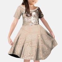 Tonga Ngatu Motifs Kid Short Sleeve Dress With Coat Of Arms Beige