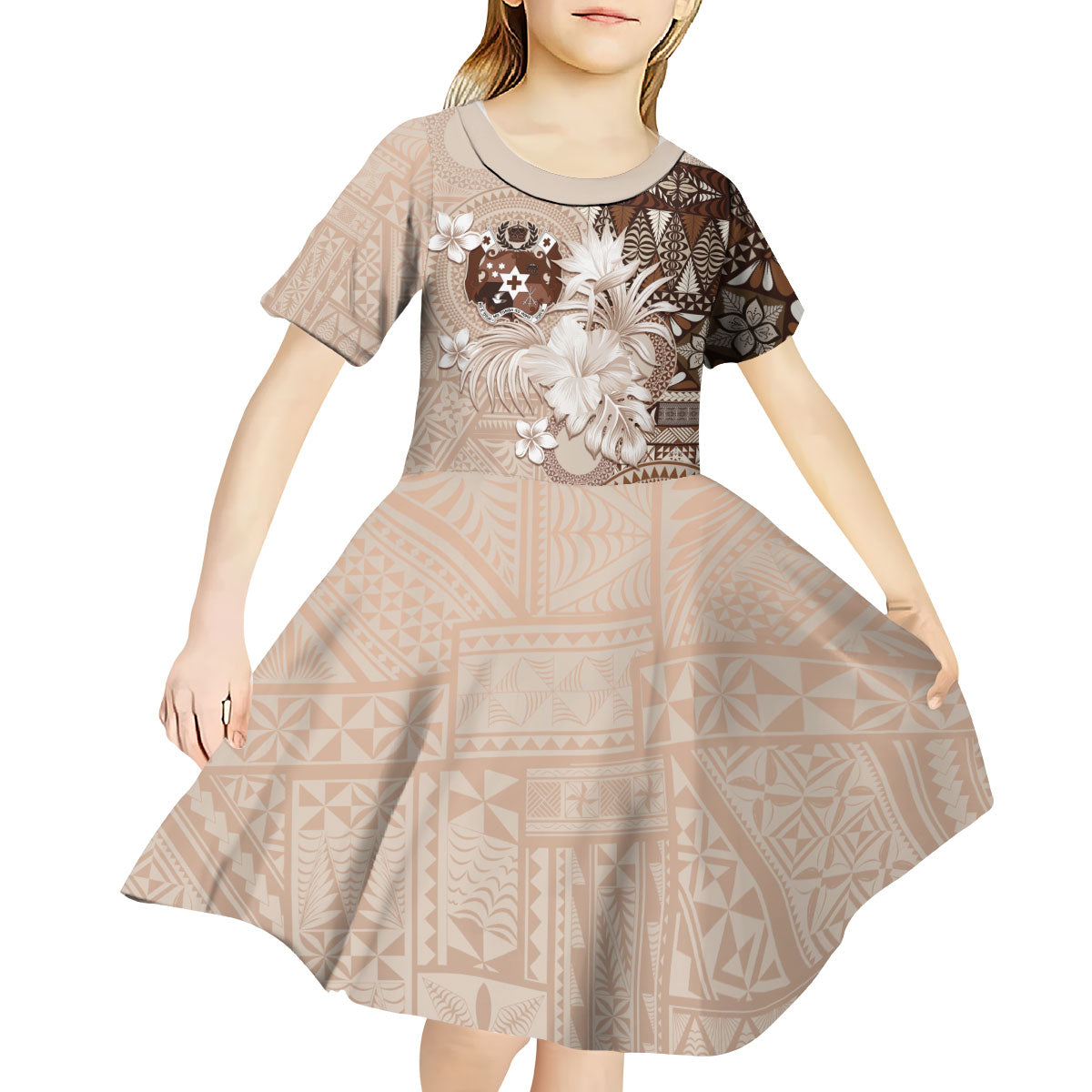 Tonga Ngatu Motifs Kid Short Sleeve Dress With Coat Of Arms Beige