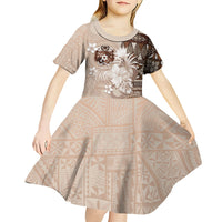 Tonga Ngatu Motifs Kid Short Sleeve Dress With Coat Of Arms Beige