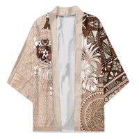 Tonga Ngatu Motifs Kimono With Coat Of Arms Beige LT05 Unisex Beige - Polynesian Pride
